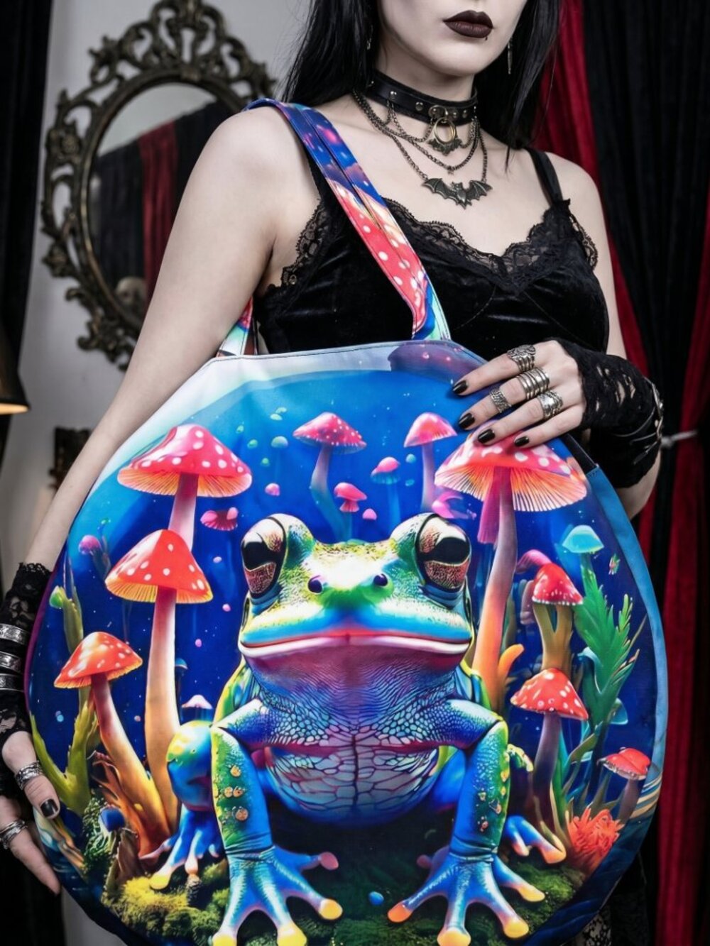 Psychedelic Mushroom Frog Gigantic Round Tote Huge Canvas Circle Bag 3D Festival - Picture 4 of 11